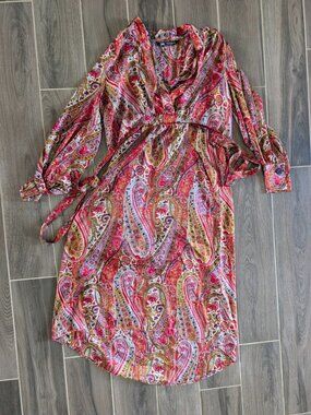 ZARA Paisley Wrap Dress Multicolor Long Sleeve Tie Waist Size S
